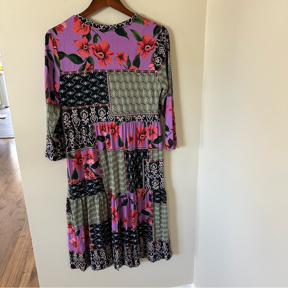 NWT JOHNNY WAS Zanda 3/4 Sleeve Tiered Tea Length Dress in Multi - Picture 7 of 7